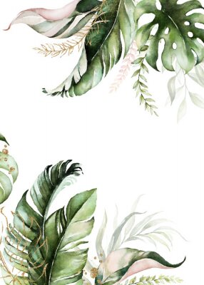 Poster  Composition de feuilles vertes, dorées et roses