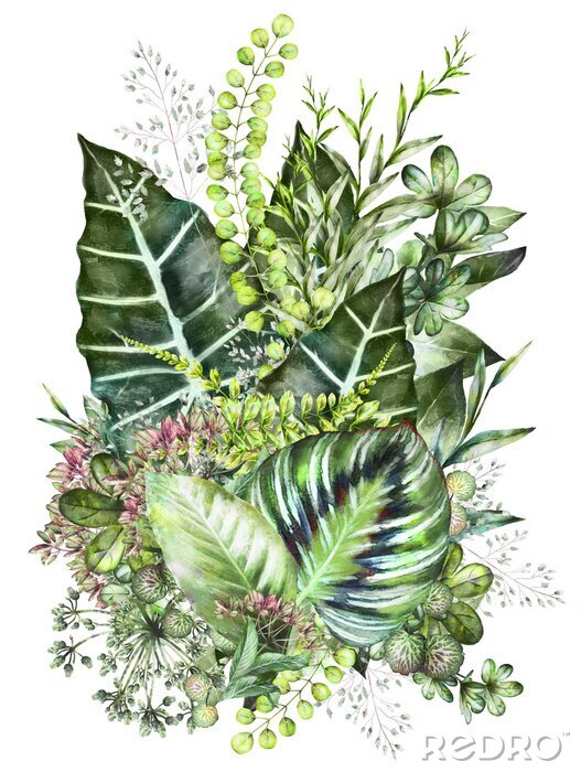 Poster  Composition de feuilles vertes et de fleurs roses