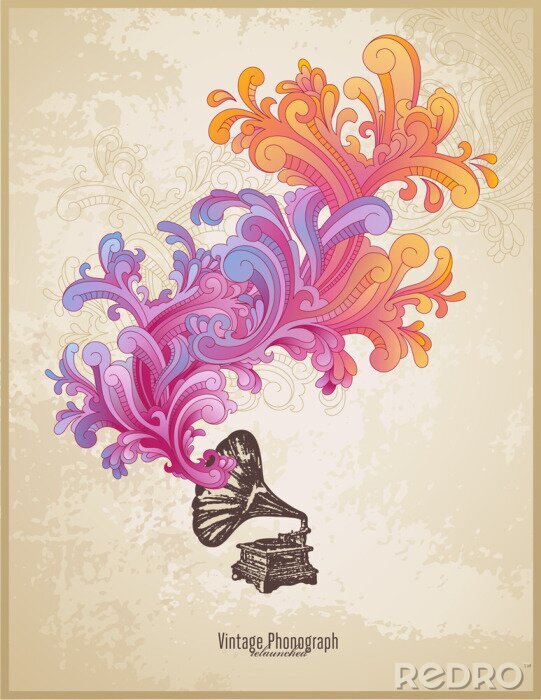 Poster  composition de musique rétro avec phonographe et des remous colorés