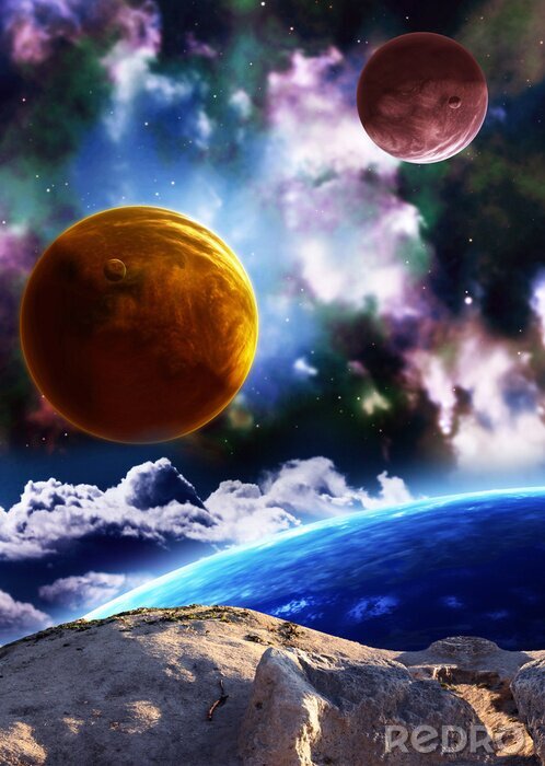 Poster  Composition spatiale avec des planètes et une nébuleuse