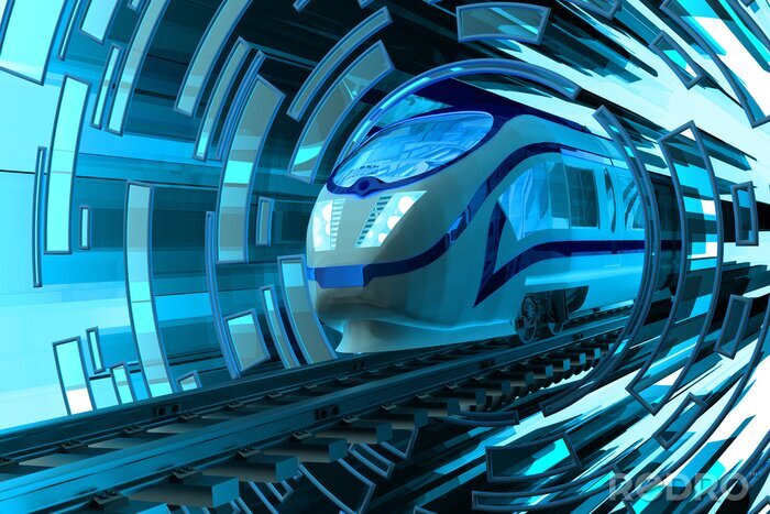 Poster  Concept de transport ferroviaire, mouvement rapide d'un train moderne de passagers à grande vitesse sur les voies ferrées sur fond abstrait bleu circulaire