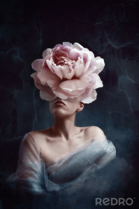 Poster  Conception artistique surréaliste d'une femme avec une tête de pivoine