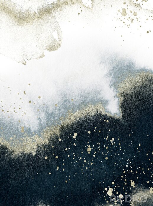 Poster  Conception de texture aquarelle or, gris et bleu marine. Pinceau cadre / bordure. Art moderne chatoyant. Illustration.