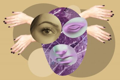 Sticker  Contemporary art concept collage with antique statue head in a surreal style. Modern unusual art.