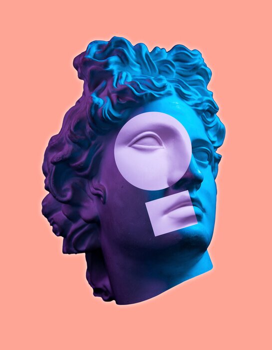 Poster  Contemporary art concept collage with antique statue head in a surreal style. Modern unusual art.