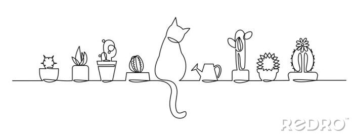 Poster  Continu un dessin au trait de vecteur mignon Cactus. Sketch House Plantes avec un chat et un arrosoir sur le rebord de la fenêtre.