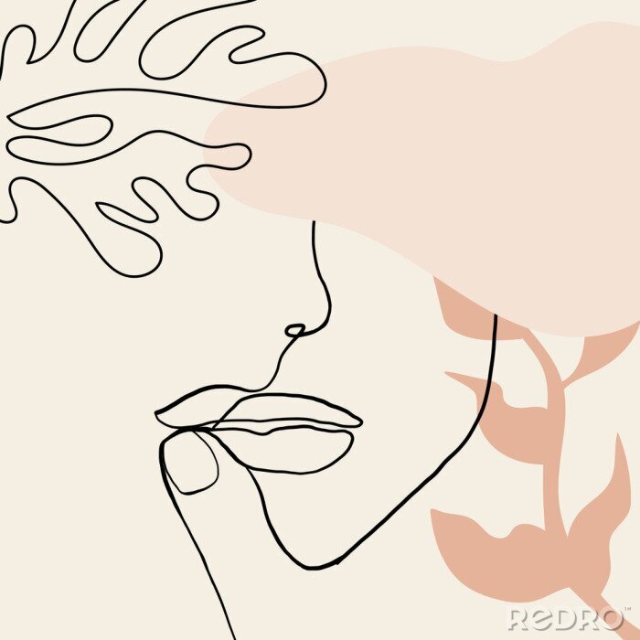 Poster  Continuous line, drawing of woman face, fashion concept, woman beauty minimalist with geometric doodle Abstract floral elements pastel colors. One line continuous drawing. vector illustration