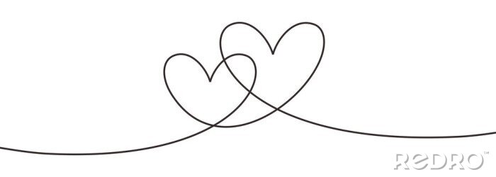 Poster  Continuous line drawing two hearts embracing, Black and white vector minimalist illustration of love concept minimalism one hand drawn sketch romantic theme.