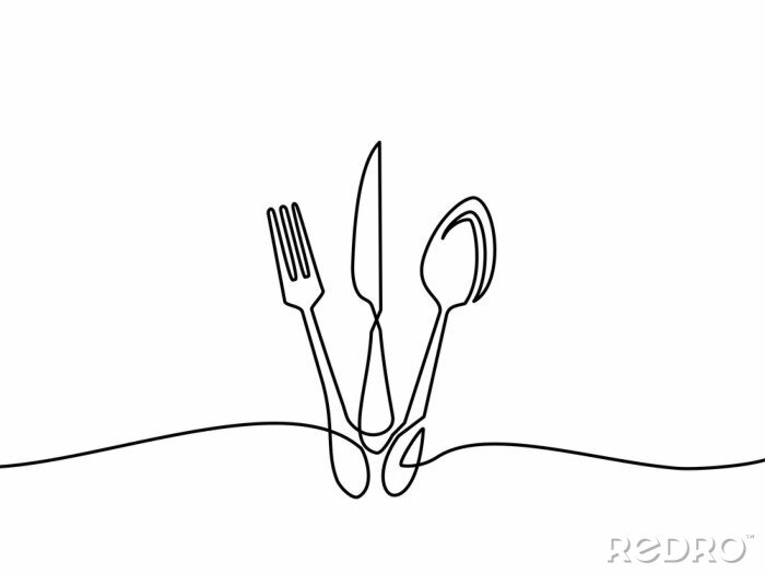 Poster  Continuous one line drawing.Forks, spoons, knife plates and all eating and cooking utensils, can be used for restaurant logos, cakes, business cards, banners and others. Black and white vector illustr