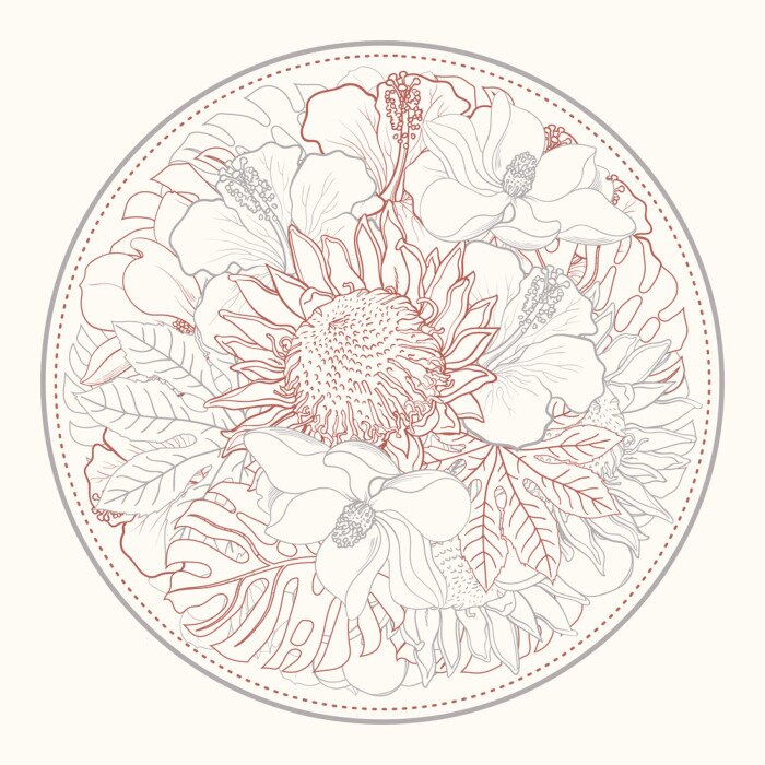 Poster  Contours colorés de magnolias et de plantes tropicales