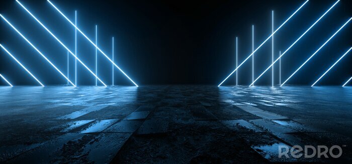 Poster  Cosmic Sci Fi Futuristic Pantone Blue Neon Modern Laser Grunge Rough Cement Tiled Concrete Floor Triangle Shaped Lights VIbrant Electric Cyber Virtual 3D Rendering