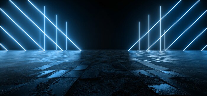 Poster  Cosmic Sci Fi Futuristic Pantone Blue Neon Modern Laser Grunge Rough Cement Tiled Concrete Floor Triangle Shaped Lights VIbrant Electric Cyber Virtual 3D Rendering