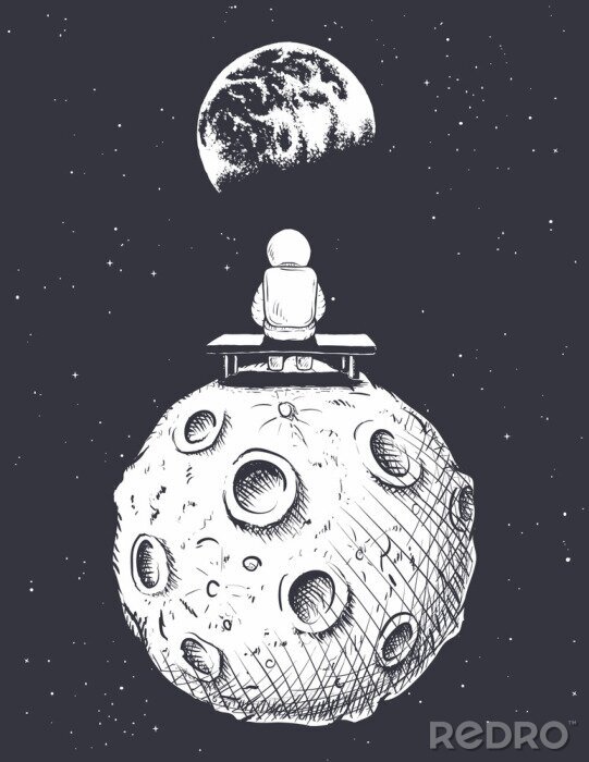 Poster  Cosmonaute assis sur un banc sur la lune regardant la Terre