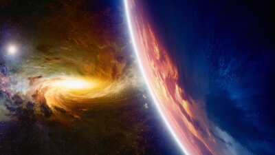 Poster  Cosmos coloré avec galaxie et planète colorées