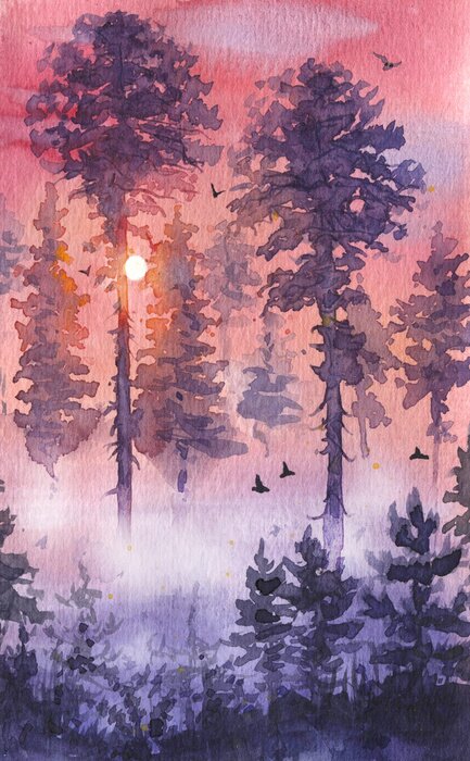 Poster  Coucher de soleil aquarelle dans la forêt