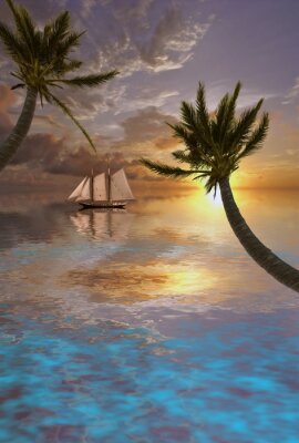 Poster  Coucher de soleil et bateau de palmiers
