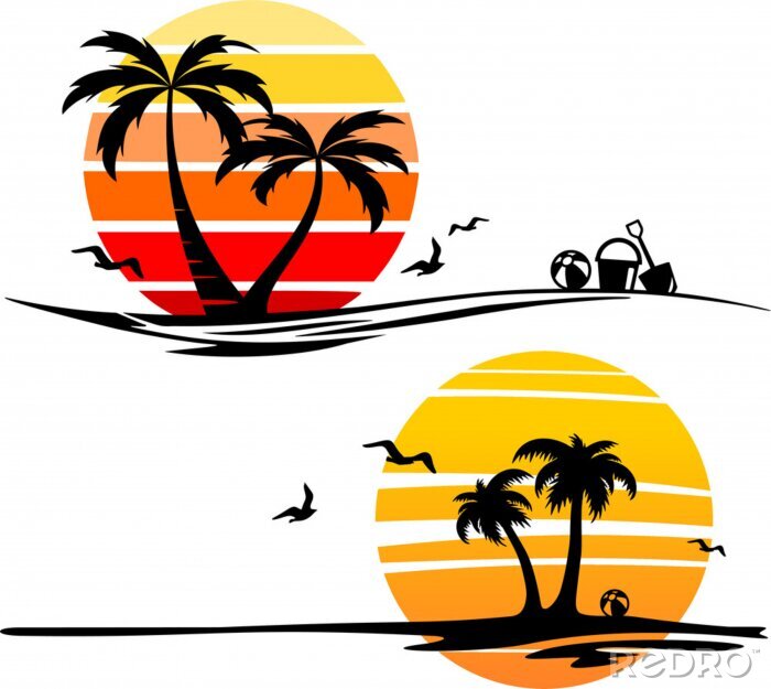Poster  Coucher de soleil et palmiers