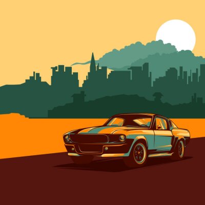 Poster  Coucher de soleil et véhicule automobile