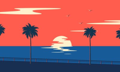 Coucher de soleil sur la mer et les palmiers