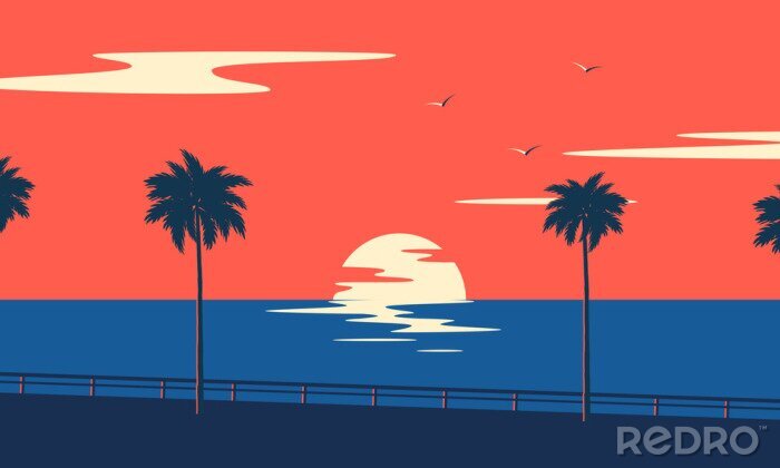 Poster  Coucher de soleil sur la mer et les palmiers