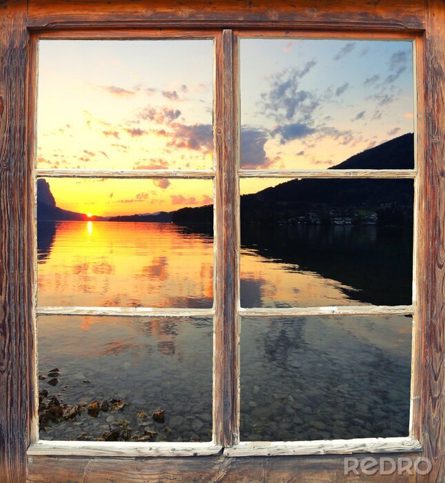 Poster  Coucher de soleil vu d'une fenêtre