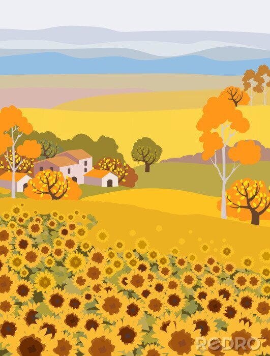 Poster  Countryside farm with sunflower growing. Village houses on background. Yellow sunset sky. Autumn season. Flat cartoon vector