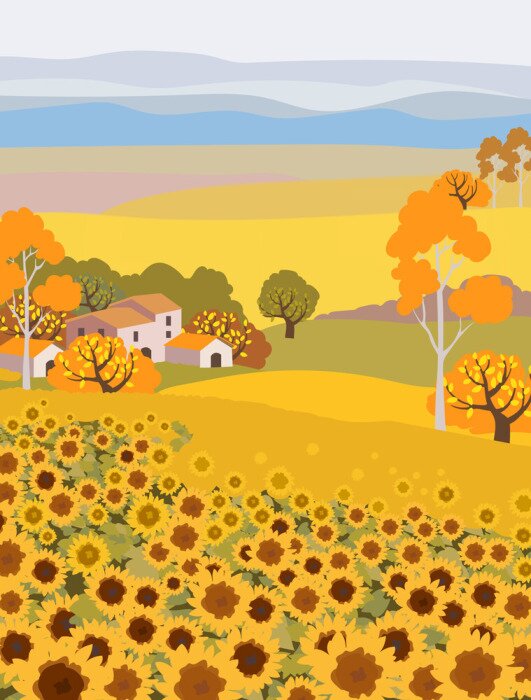 Poster  Countryside farm with sunflower growing. Village houses on background. Yellow sunset sky. Autumn season. Flat cartoon vector