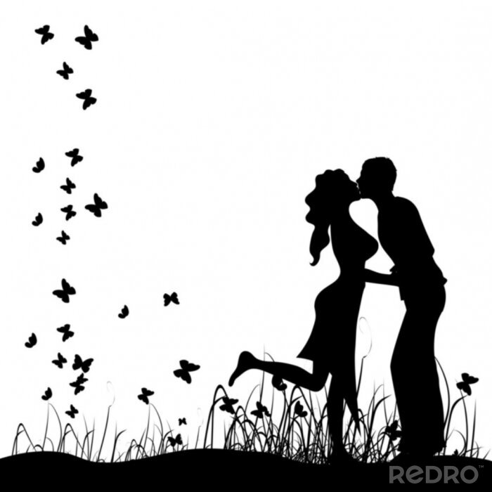 Poster  Couple de baisers sur une prairie, silhouette noire