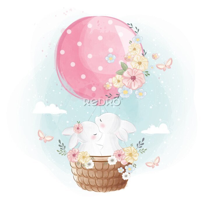 Poster  Couple de lapins blancs volant avec un ballon