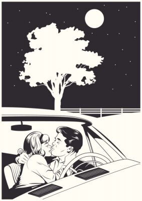Poster  Couple in Love, Kissing in the Car, Night Scene, Black and White Comic Book Illustration Drawing Style 