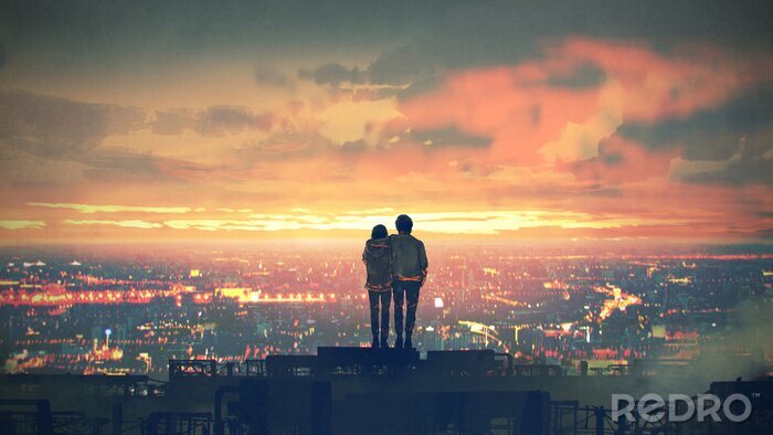 Poster  Couple regardant le coucher de soleil