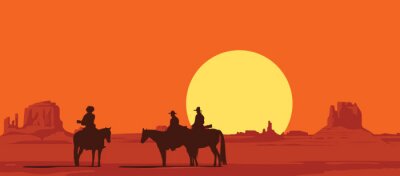 Poster  Cowboys et soleil couchant
