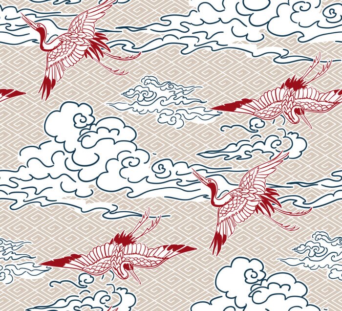 Poster  crane birds sky cloud japanese chinese vector design pattern