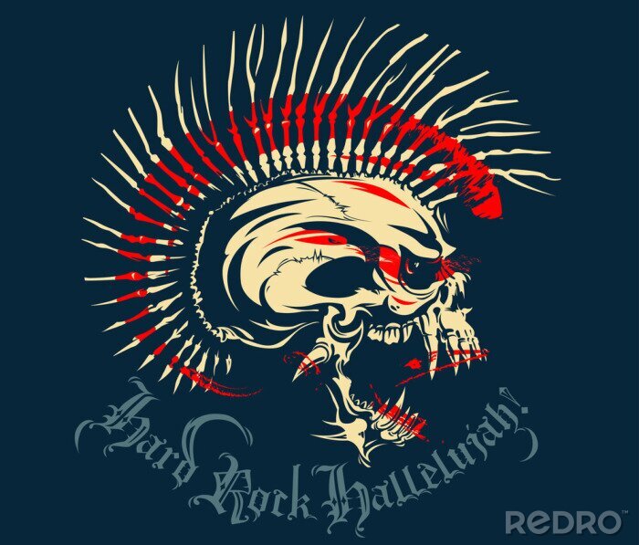 Poster  Crâne blanc avec un Mohawk d'os. Une goutte de sang et le texte Hard Rock Hallelujah. Illustration vectorielle crâne punk avec mohawk pour un design t-shirt ou tatouage. Punk rocker. Rouge.