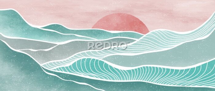 Poster  Creative minimalist modern paint and line art print. Abstract ocean wave and mountain contemporary aesthetic backgrounds landscapes. with sea, skyline, wave. vector illustrations