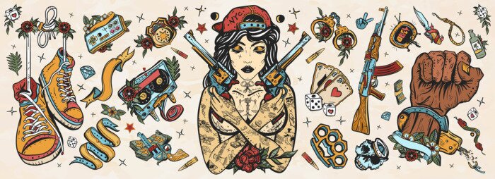 Poster  Criminal street culture. Old school tattoo vector collection. Bad girl and crossed guns, handcuffs, audio cassette. Swag. Hip-hop lifestyle. Cool gangster tattooed woman in baseball cap. Crime favela