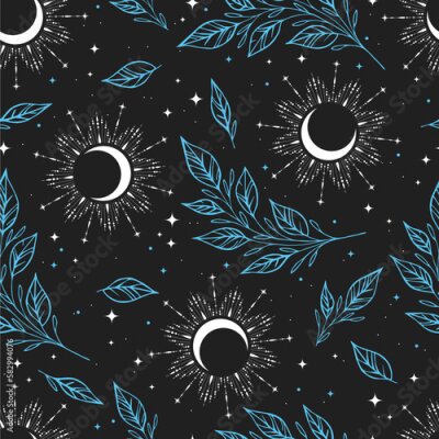 Papier peint à motif  Croissants et brindilles de turquoise