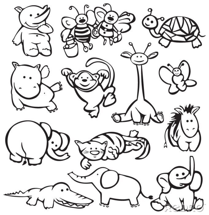 Poster  Croquis d'enfants en noir et blanc de divers animaux