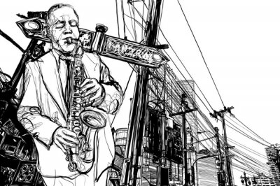 Croquis d'un saxophoniste vu de la rue