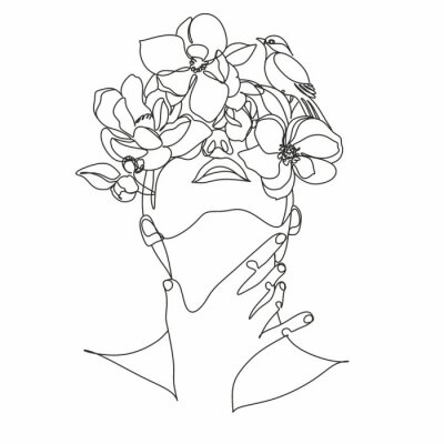 Poster  Croquis d'un visage féminin avec des fleurs