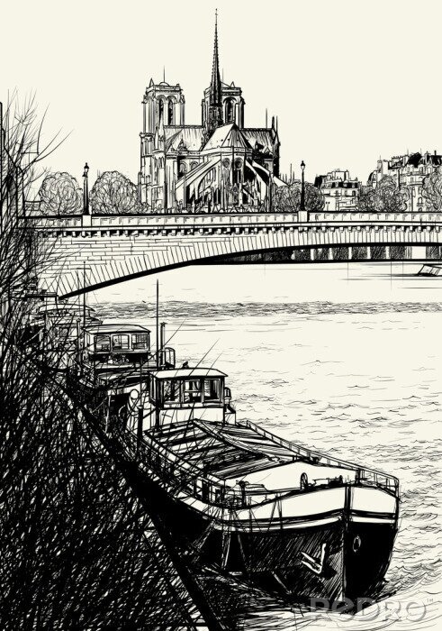 Poster  Croquis de la ville au bord de la rivière
