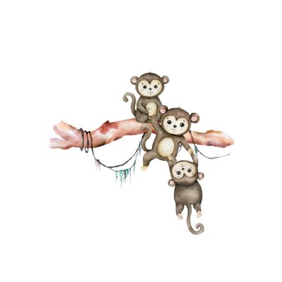 Poster  Cute baby Hippo with monkey Hand drawn adorable watercolor african animals illustration on white background. Seamless pattern