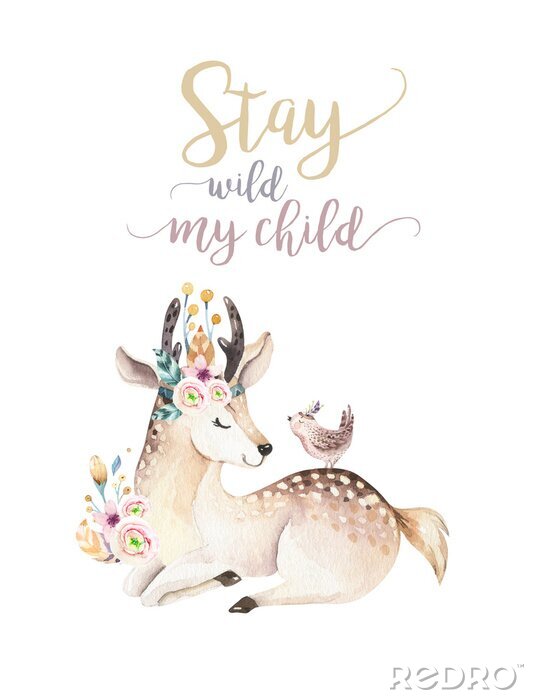 Poster  Cute bohemian baby cartoon deer animal for kindergarten, woodland nursery isolated decoration forest illustration for children forest animals pattern. Watercolor hand drawn boho set
