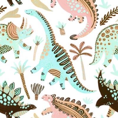 Poster  Cute cartoon dinosaurs seamless pattern in scandinavian style