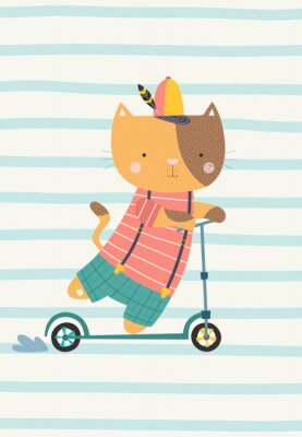 Cute cat on a scooter. Vector illustration in a scandinavian style. Cute and funny poster.