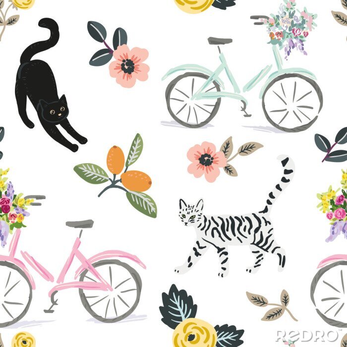 Poster  Cute cats, bikes and floral elements, white background. Vector seamless pattern. Pets and flowers. Nature print. Digital illustration with animals 
