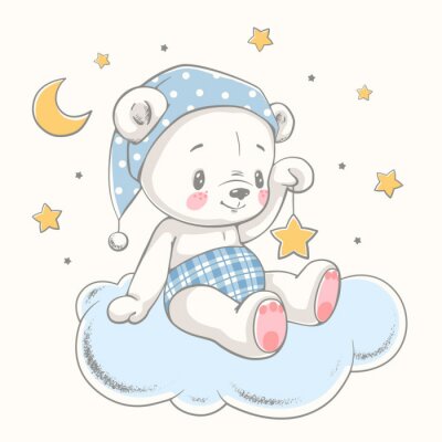Cute dreaming baby bear cartoon hand drawn vector illustration. Can be used for baby t-shirt print, fashion print design, kids wear, baby shower celebration greeting and invitation card.