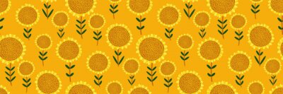 Papier peint à motif  Cute floral print. Seamless pattern with small hand drawn sunflowers on bright yellow background. Abstract botanical panorama, Wallpaper, fabric, template for sunny design...Vector illustration.