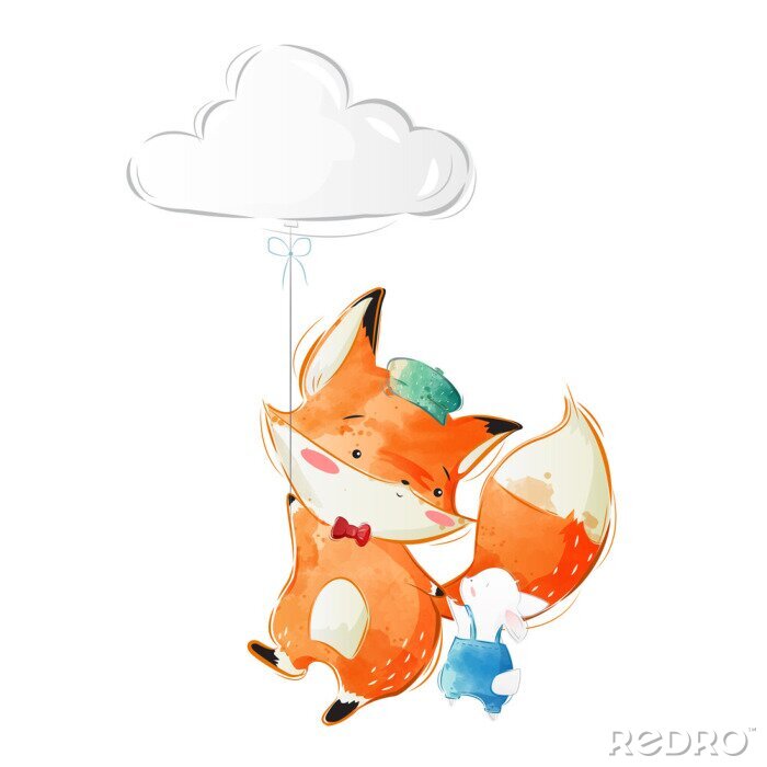 Poster  Cute Fox and Bunny Flying to the Sky