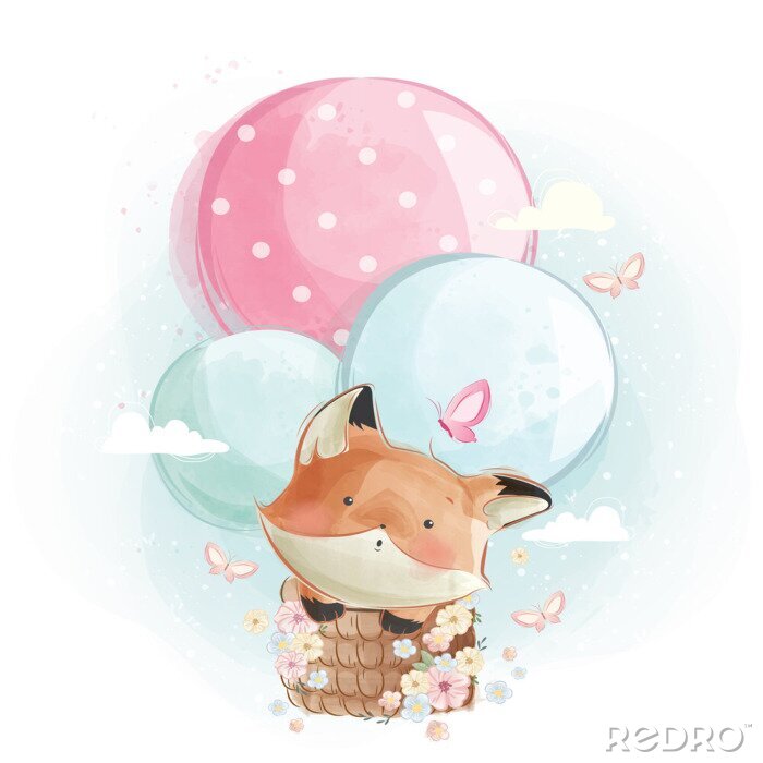 Poster  Cute Fox Flying with Balloons